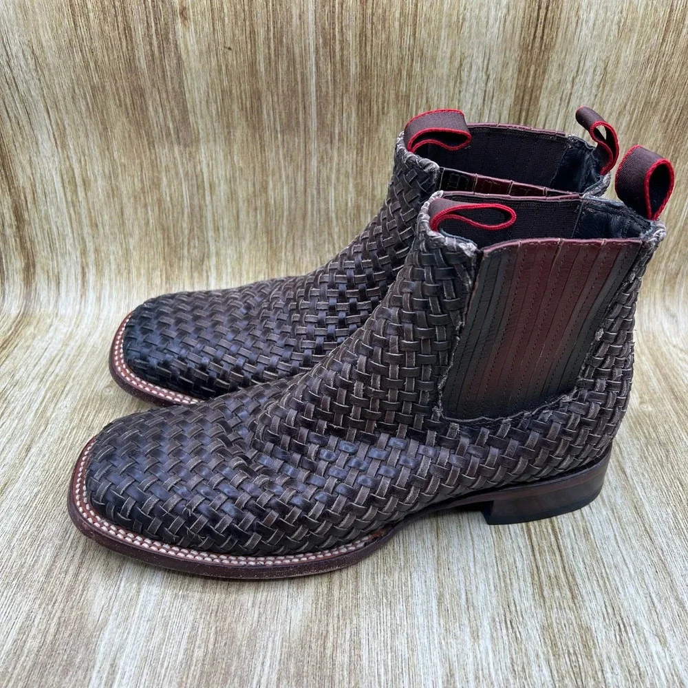 Rock'em Woven Leather Western Chelsea Boots Men's‎ Size 8 Brown Square Toe Shoes